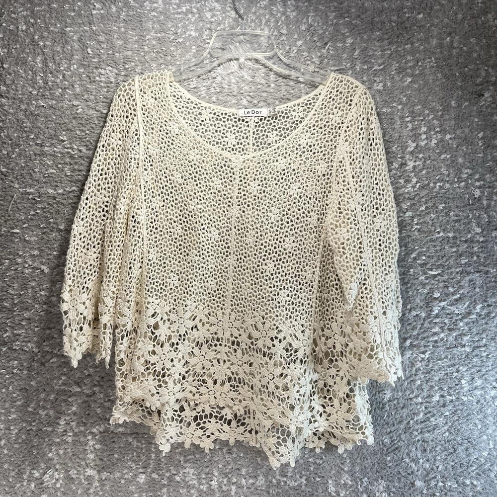 Le Dor Womens Floral Crochet Tan Open Knit Top Beach Vacation S 3/4 Sleeve